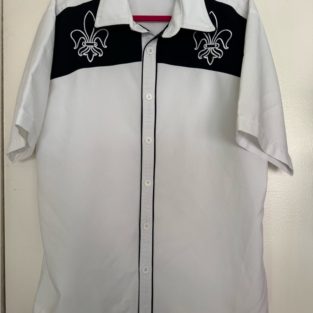 EUC Mens Focus White Le Flur De Lis Button Up Y2K Club Rave Shirt Size Large